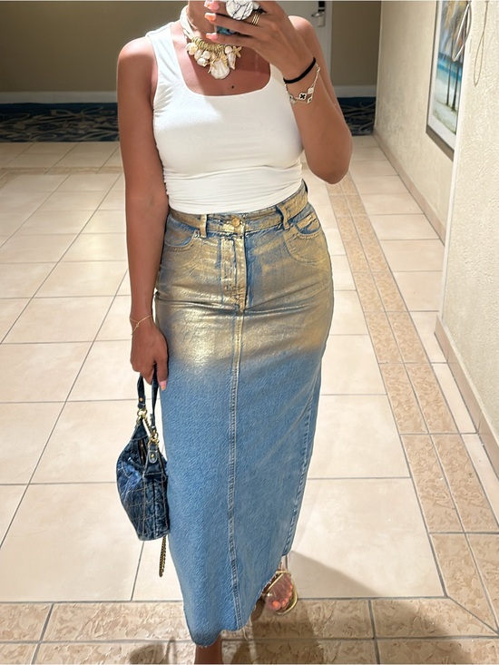 Zara Denim - Zara Blue and Gold Ombre Straight Denim Skirt